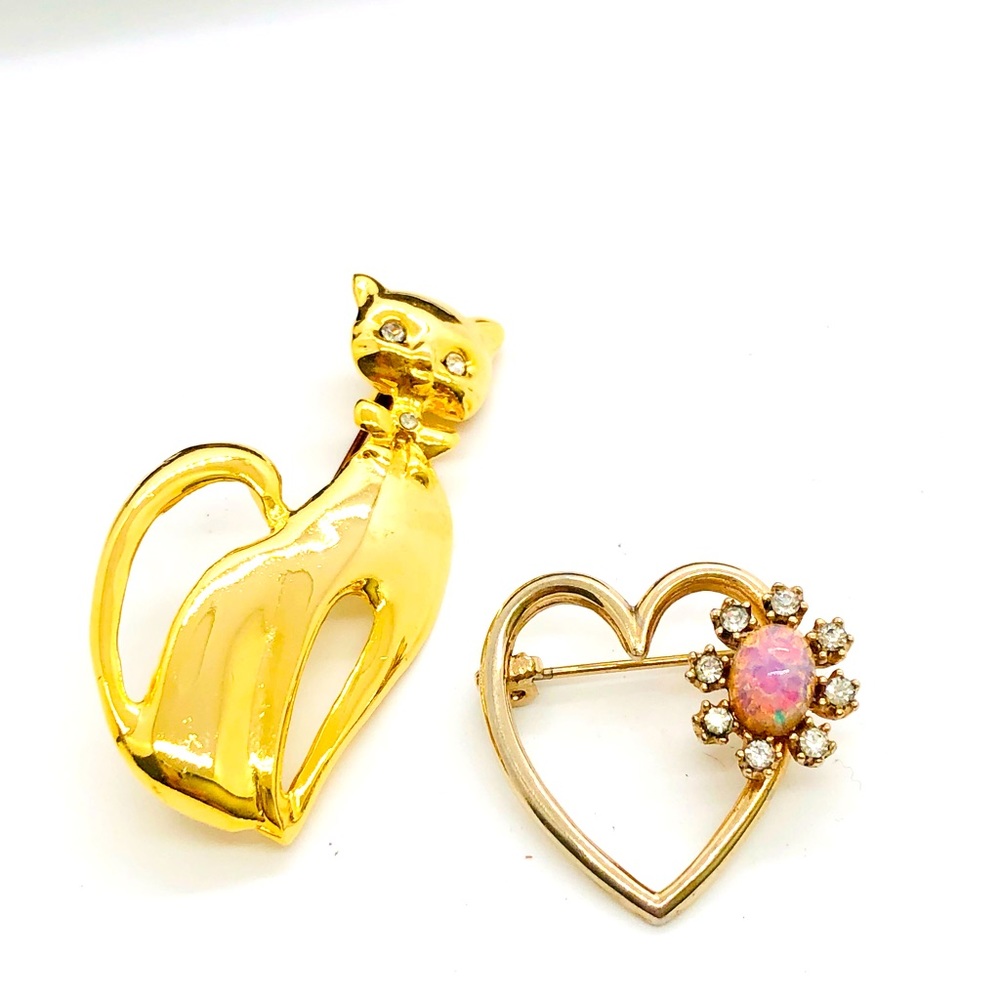 Vintage Cat Brooch & Opal Heart Brooch